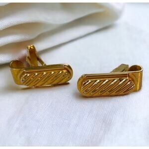 Vintage Gold Cuff Links Mens Art Deco Ribbed Bar 1970s Retro Formal‎ Event